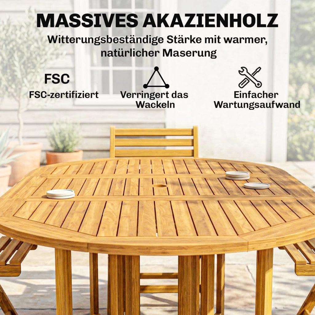 Set di mobili da giardino FSC Set da seda in legno Tavolo pieghevole in 7 pezzi con 6 sedie pieghevoli Design a stecche con foro per ombrello