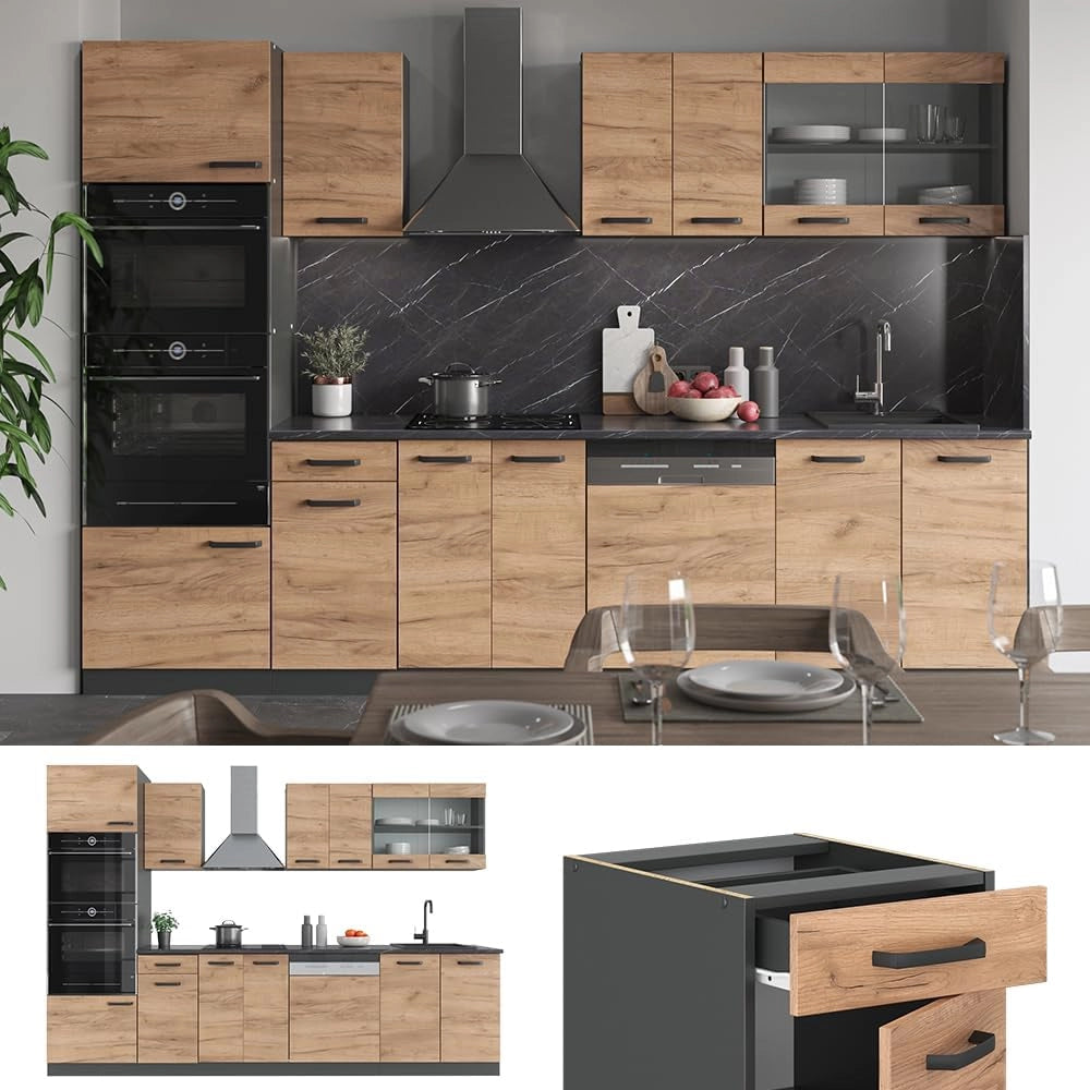 Cucina componibile R-Line, Quercia dorata, 300 cm con armadio alto, senza piano di lavoro, adatto per combinazioni ed espansioni personalizzate