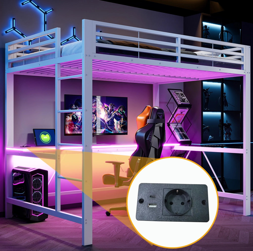 Letto a soppalco con scrivania integrata, LED e struttura in metallo