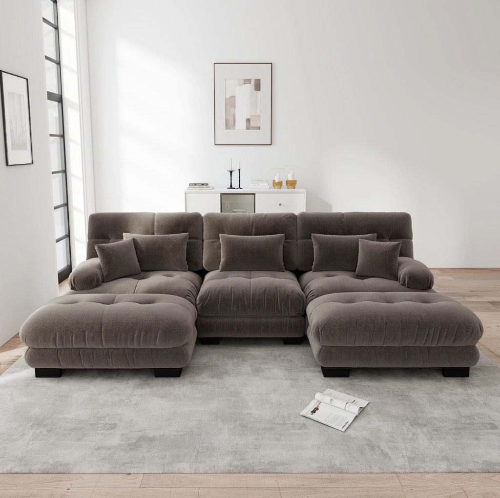 Divano Modulare Angolare a U in Chenille Vintage Marrone con Ottomani Abbinati