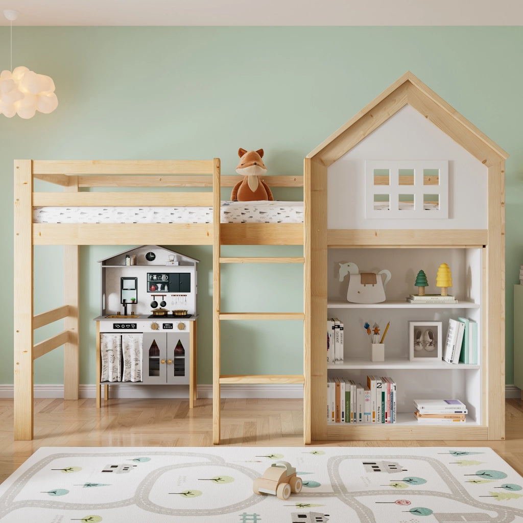 Letto a soppalco 90x200 cm, letto per bambini, con scaffale, cassetti, sponde di sicurezza, a forma di casetta, bianco e color legno
