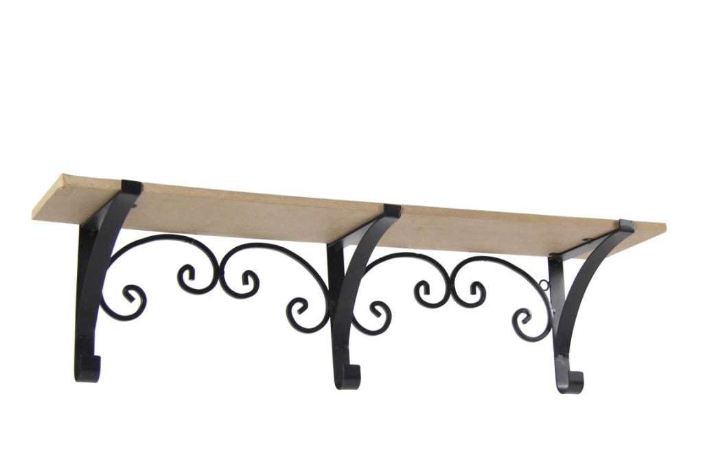 MENSOLA IN LEGNO CON BASE IN METALLO DECORATA NERA 61X13X17CM