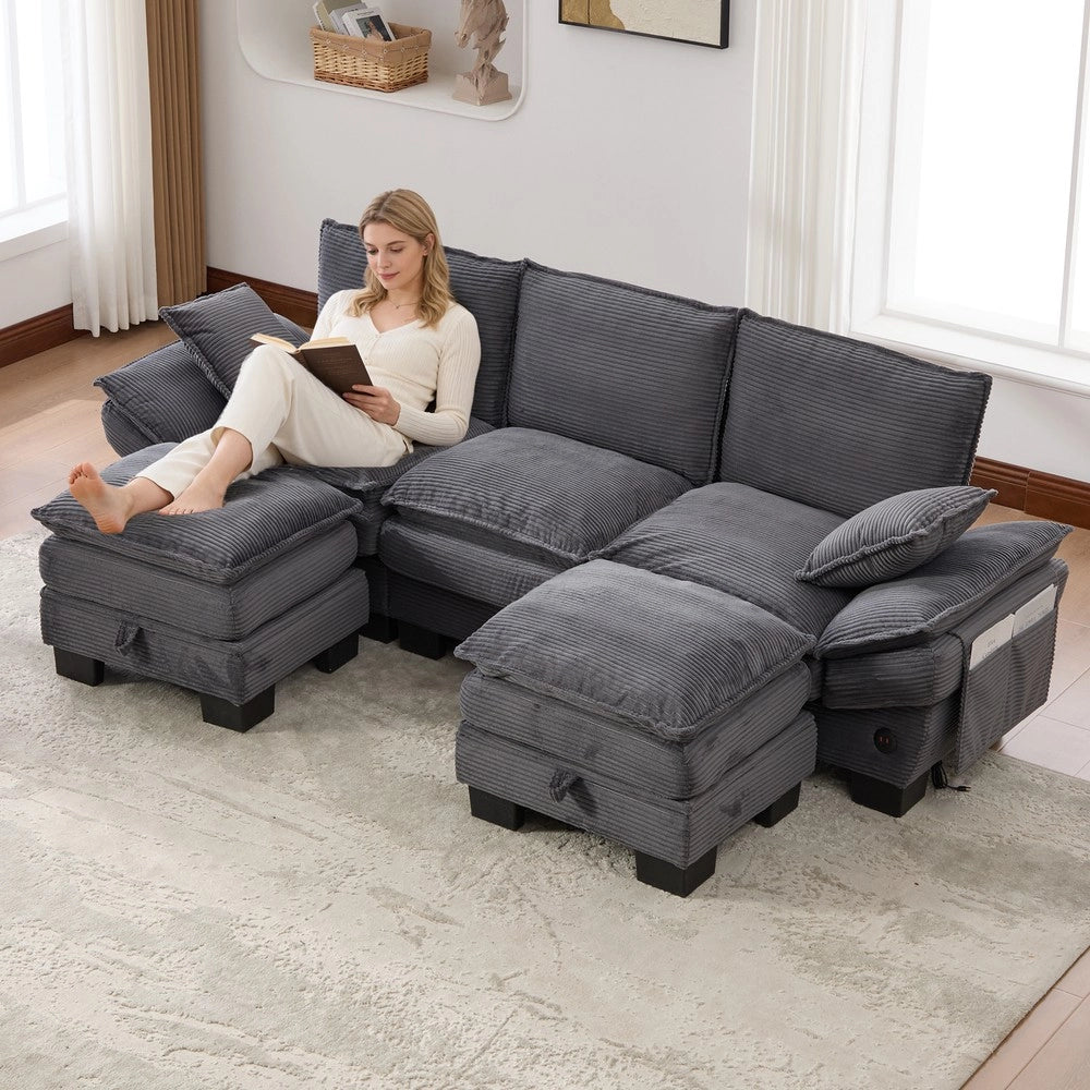 Divano modulare 3 posti con pouf - Zephmum- Ampia seduta, design ergonomico, USB-C