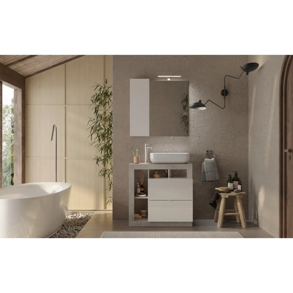 Mobile da bagno BURA – 79 cm – Bianco lucido e cemento – Lavabo incluso – 2 cassetti