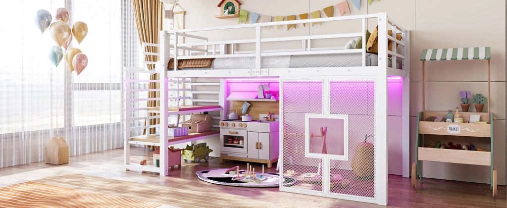Letto a soppalco singolo 90 × 200 cm con scala contenitore, LED e finestre, senza materasso, bianco