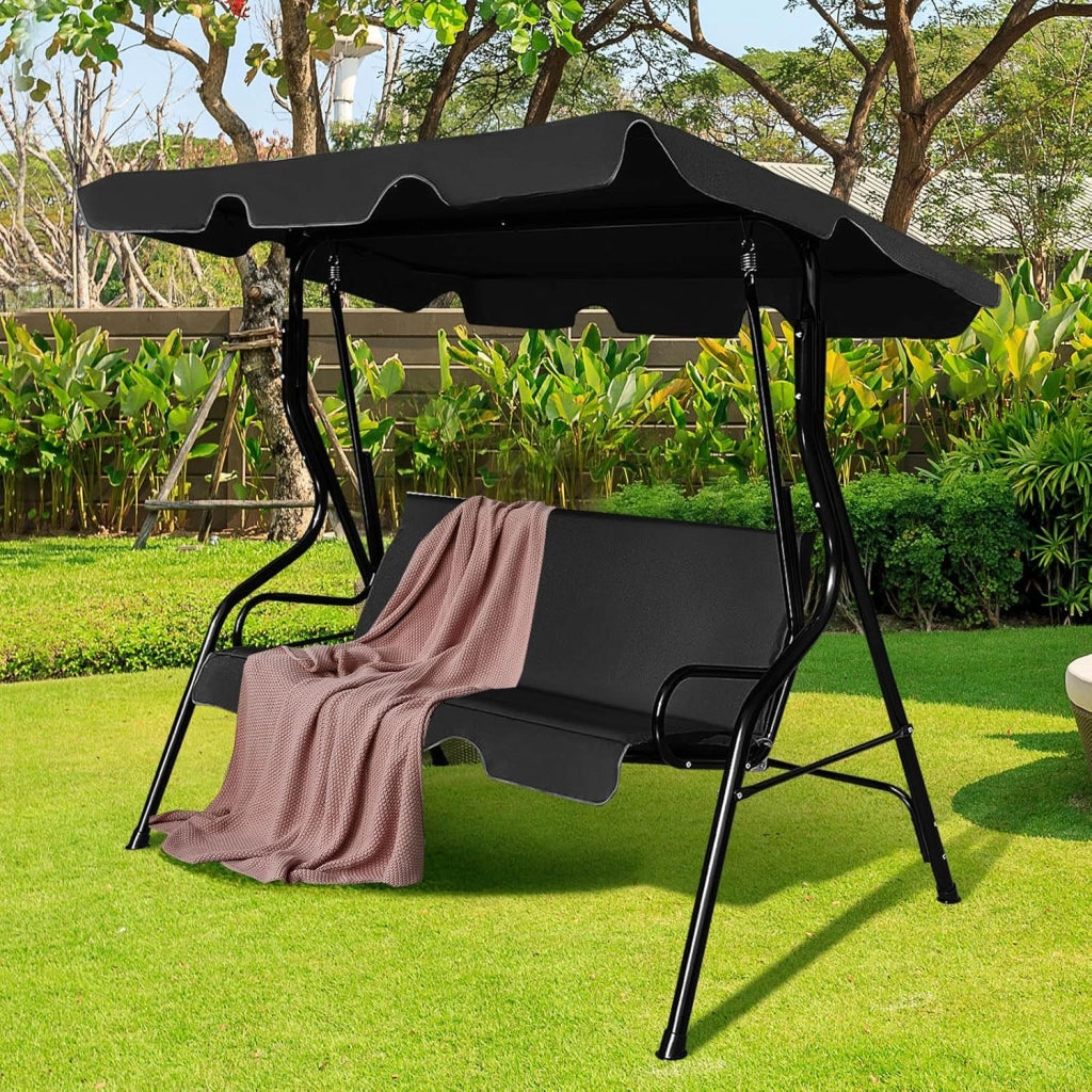 Dondolo da Giardino 3 Posti con Tettuccio Regolabile, Cuscino Removibile, Sedia Sospesso con Struttura in Metallo, Portata 225 kg, 172 x 110 x 154 cm (Nero)