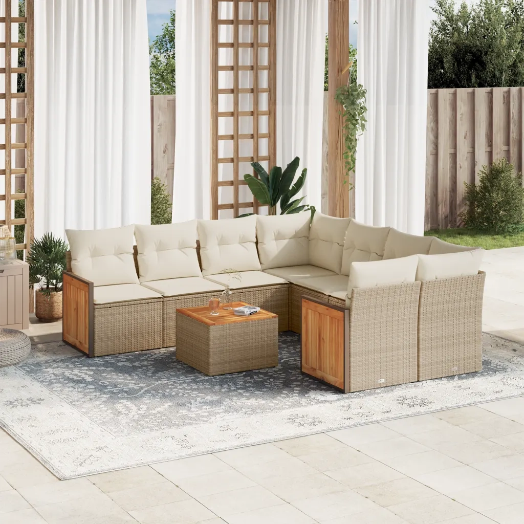 Set Divano da Giardino 9 pz con Cuscini Beige in Polyrattan 3227507