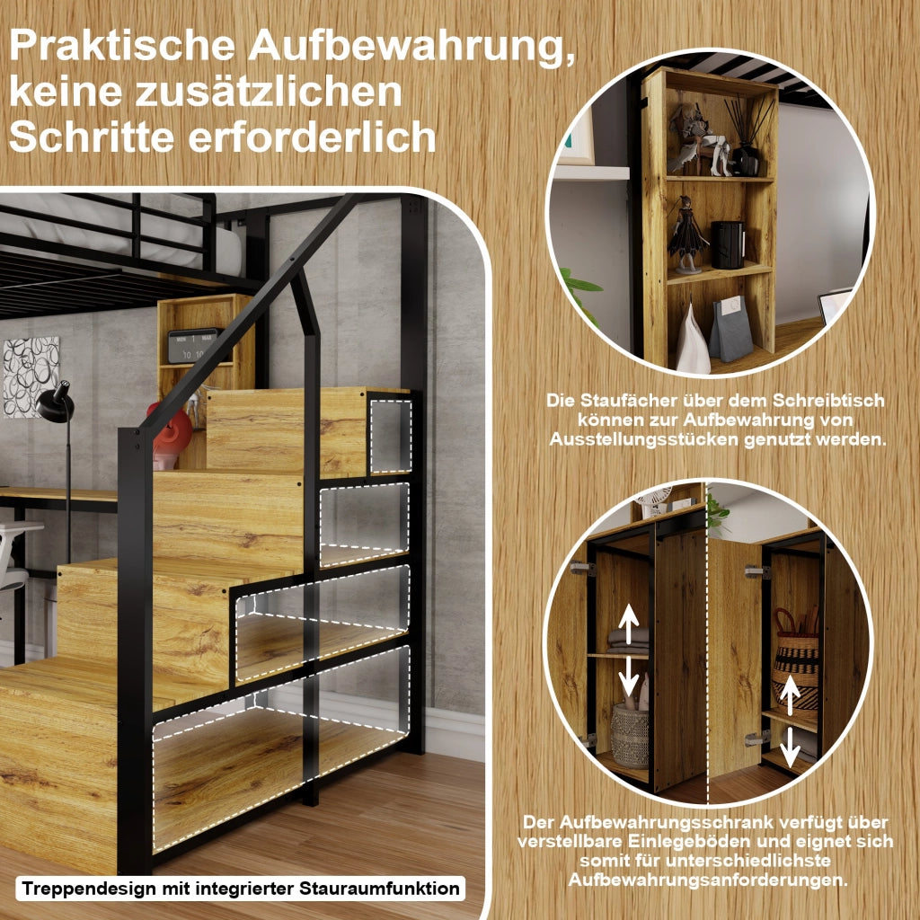 Letto a soppalco 140 × 200 cm con scrivania, armadio, ripiani e USB, senza materasso, in metallo e MDF, nero