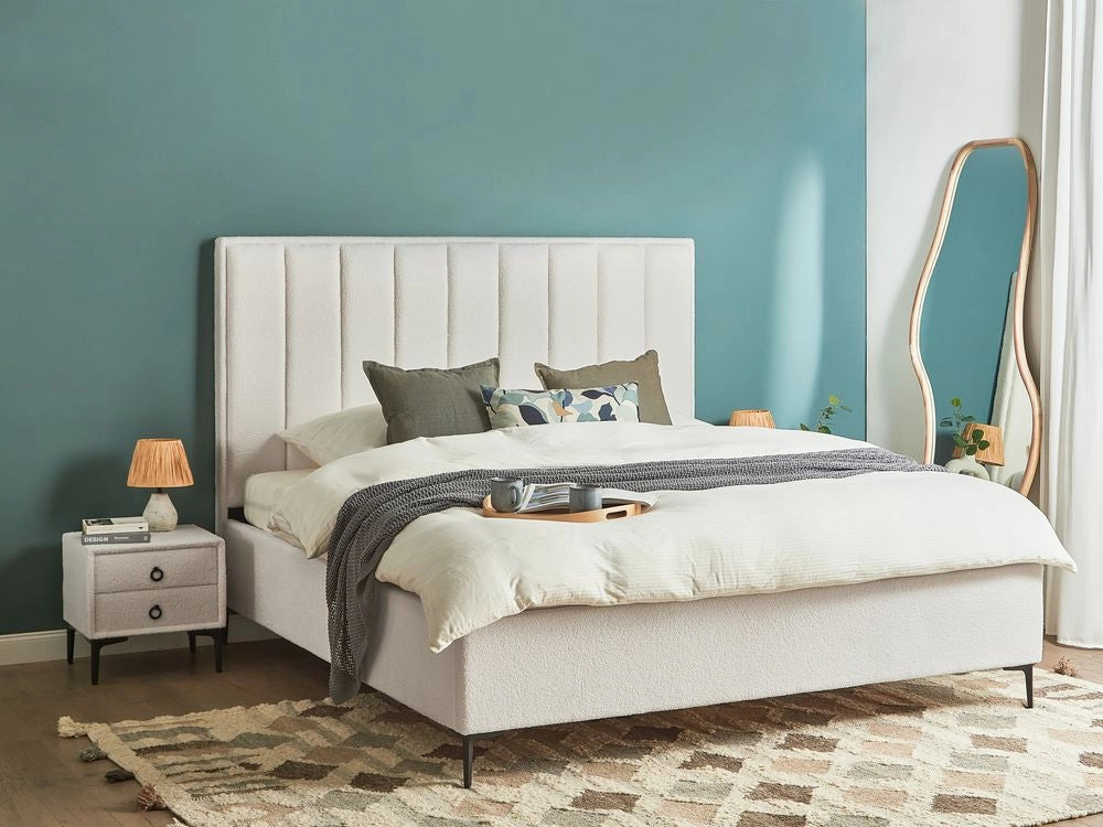 Set camera da letto con 2 Comodini in tessuto bouclè bianco sporco 180 x 200 cm stile moderno