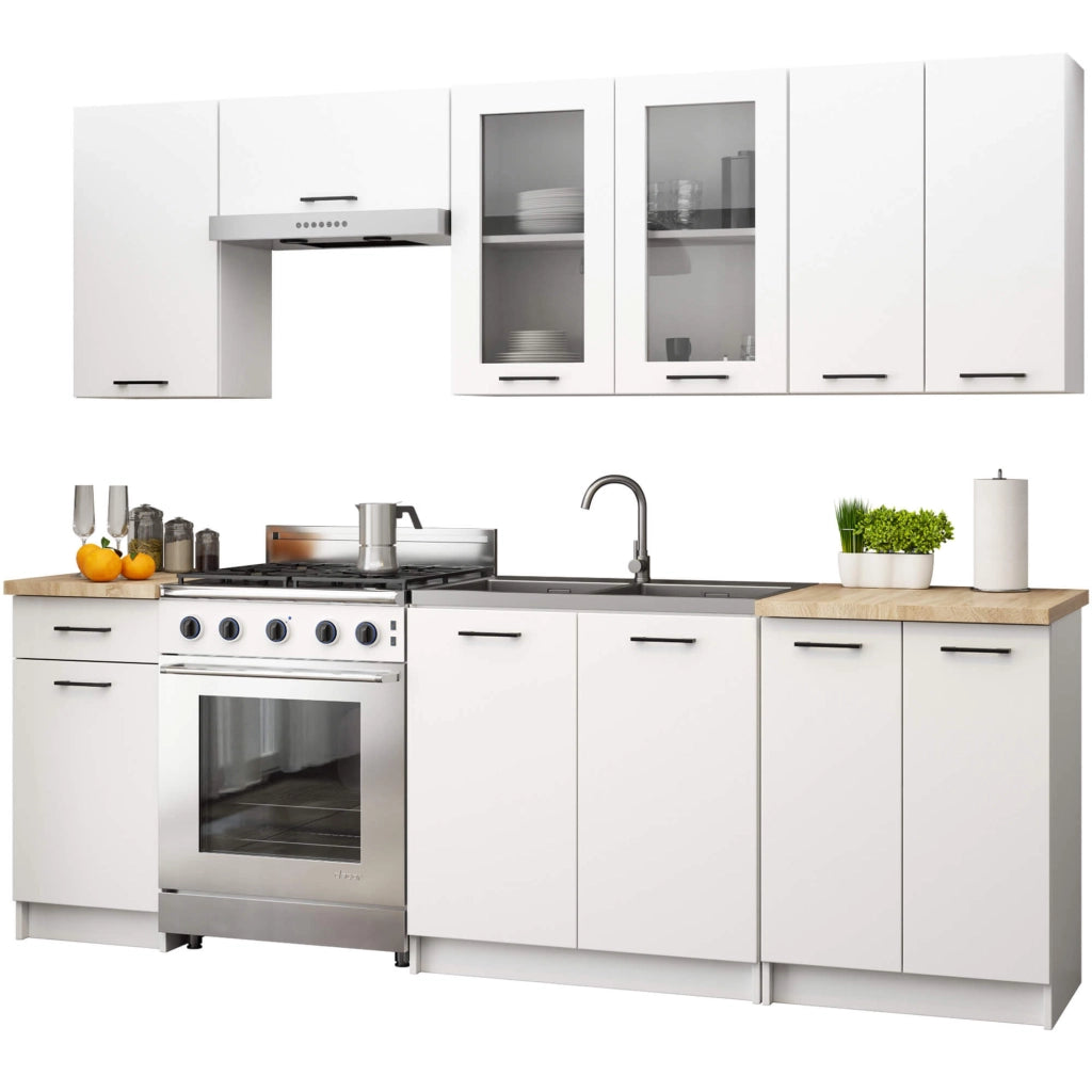 Set da cucina con vetrina AKORD OLIWIA 2,4 m Bianco 240 cm 11 ante 1 cassetto frontale Bianco 240×46×203 cm