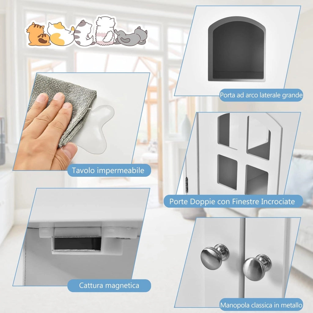Casetta-comodino per Gatti con Doppie Porte e Finestre, Casetta Decorativa Ventilata per Domestici, 81 x 53 x 49 cm (Bianco)
