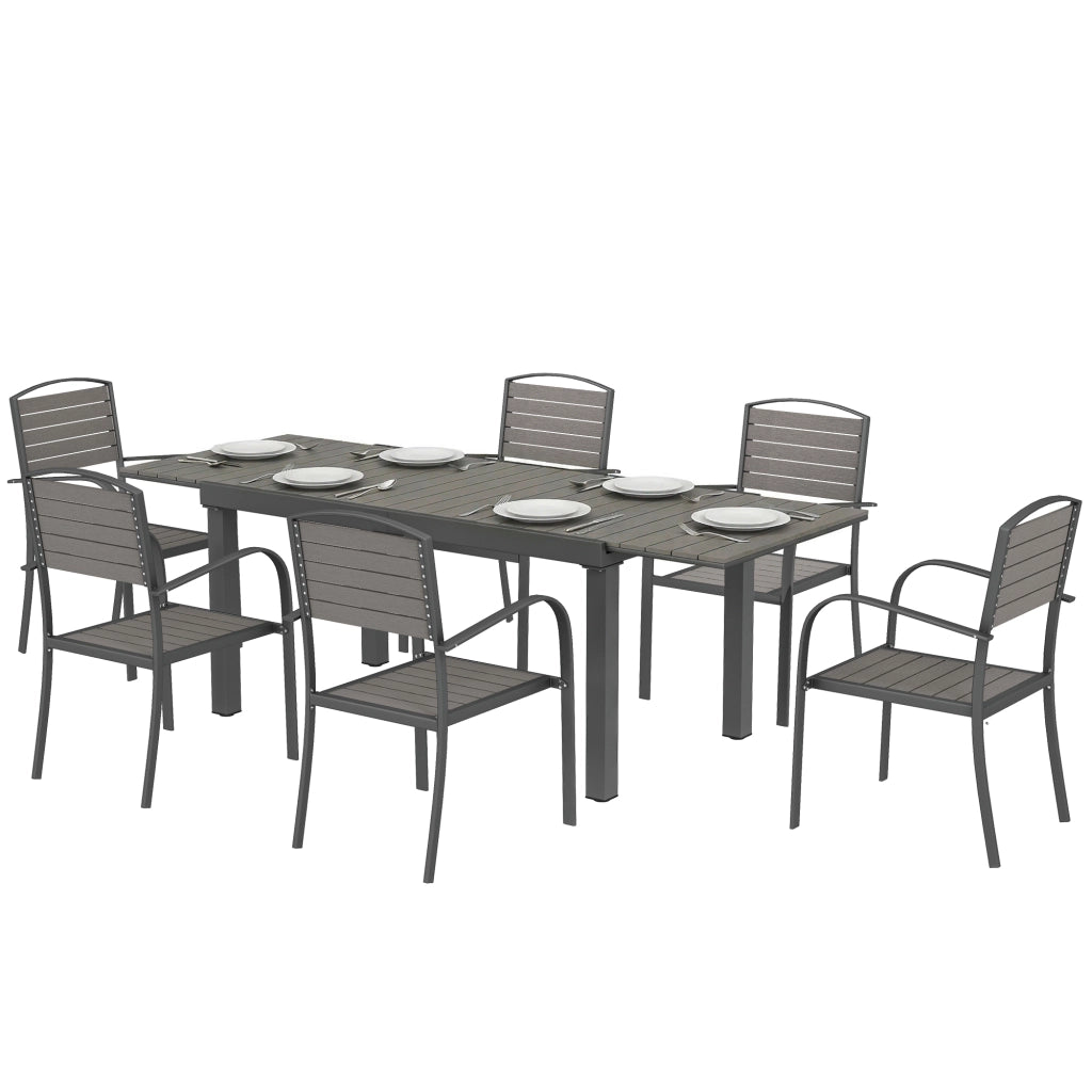 Set tavolo da pranzo allungabile 7 pezzi con 6 sedie impilabili ¨C Xylo ¨C effetto legno lamellare alluminio