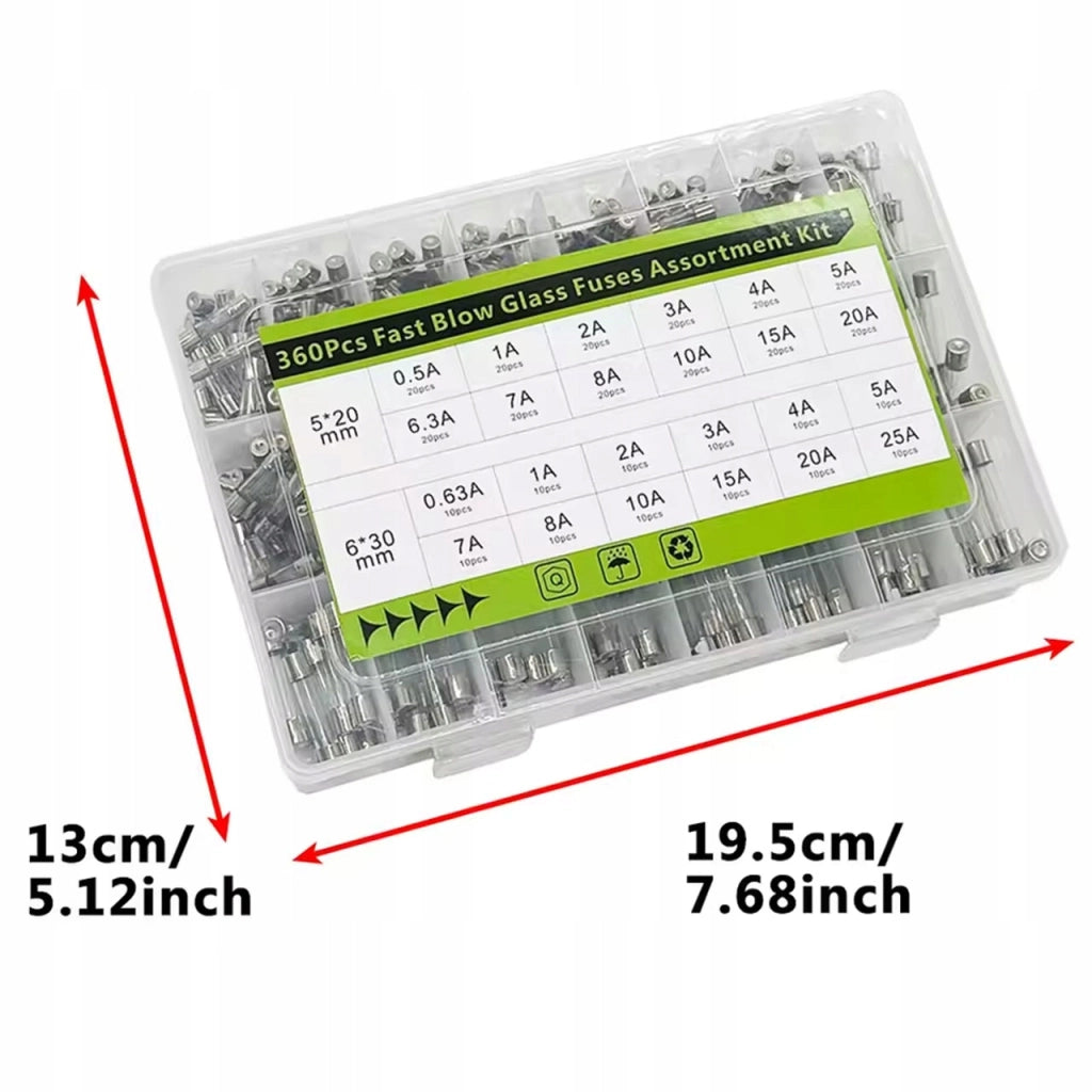 Set di Fusibili in Vetro WTA FuseSet Max360 – 360 Pezzi | 5x20 mm e 6x30 mm | 0,5A–25A | 250V | Tipo Rapido