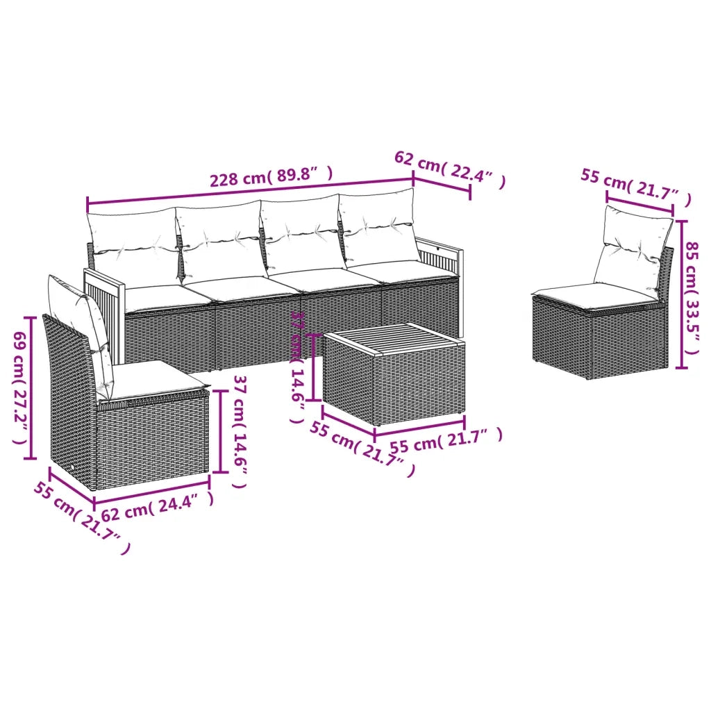 Set Divani da Giardino 7 pz con Cuscini Beige in Polyrattan