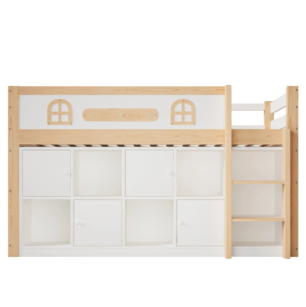 Letto a soppalco 205x94.5x120 cm; con lavagna; scomparti e scala; senza materasso; in pino e MDF; bianco naturale