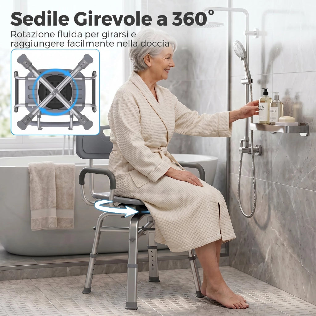 Sedia per Doccia Girevole 57x48x74-86 cm con Braccioli Schienale Capacità 150 kg in Alluminio e HDPE Grigio