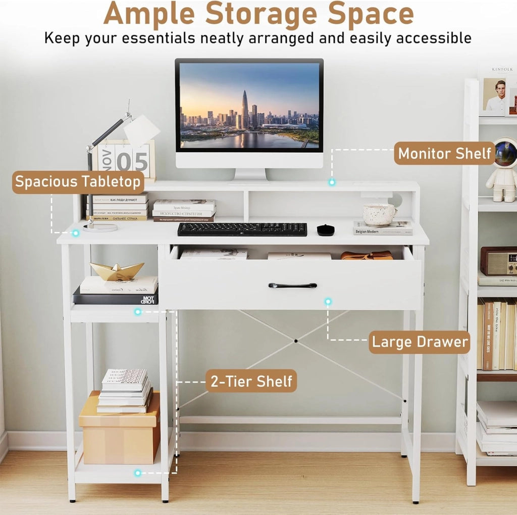 Scrivania per Computer con Cassetto e Scaffale a 2 Livelli, Scrivania per Home Office con Mensola per Monitor e Stazione di Ricarica Integrata (Bianco)