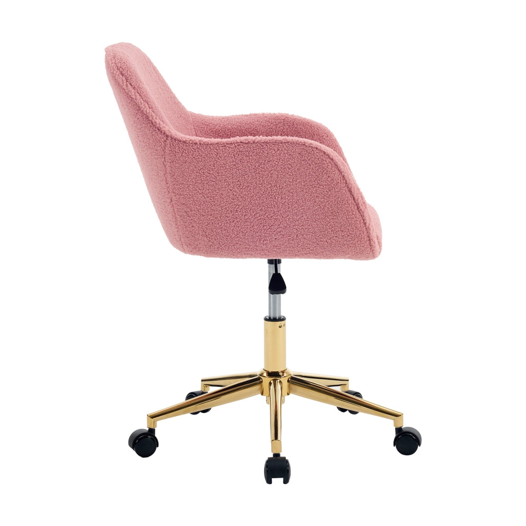 Sedia girevole da ufficio in tessuto Teddy rosa, altezza regolabile, base dorata, rotazione 360°