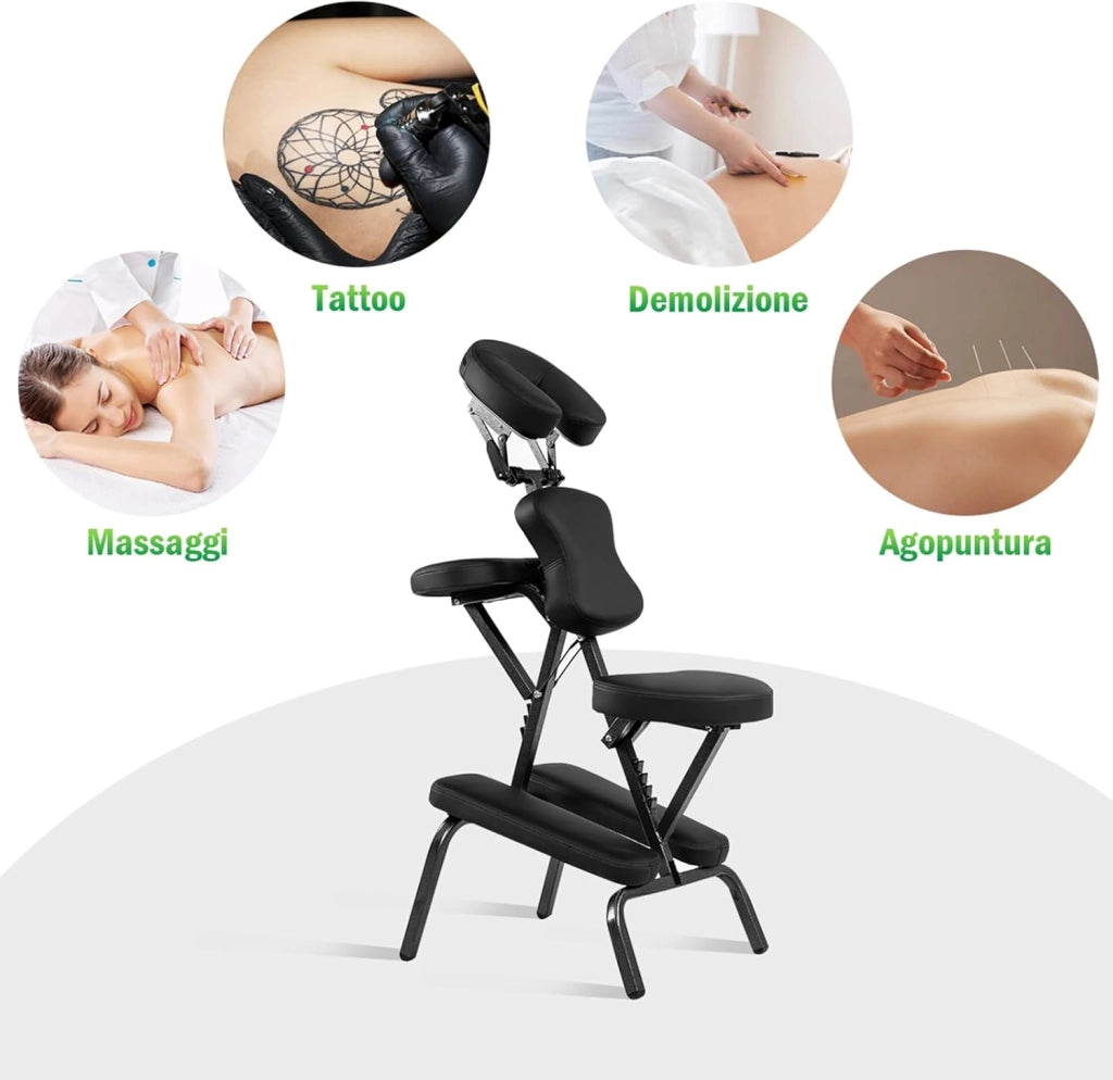 Sedia da Massaggio Pieghevole e Leggera, per Viaggi Tatuaggi e SPA, Sedia da Massaggio con Altezza Regolabile con Poggiatesta e Borsa da Trasporto (Nero)