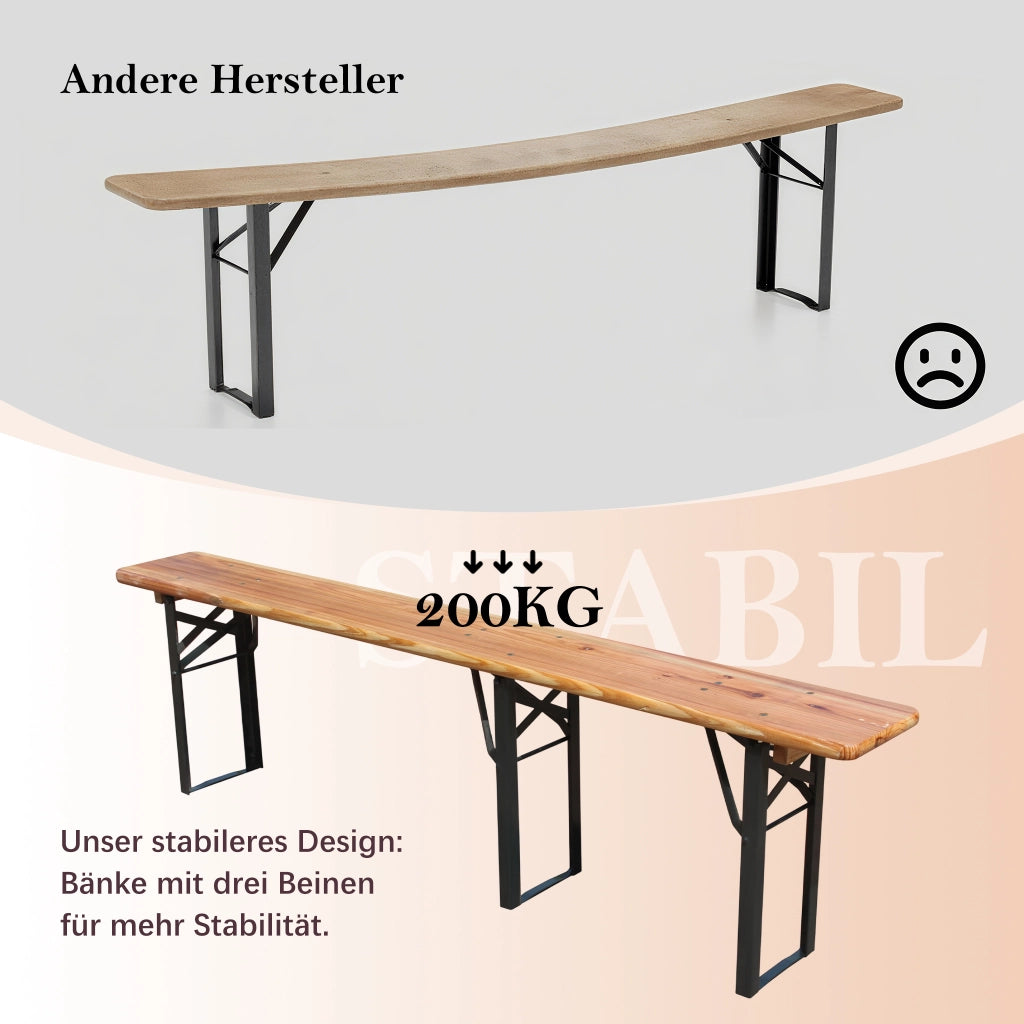 Set Tavolo e Sedie da Giardino con 1 Tavolo Pieghevole e 2 Panche Pieghevoli; Legno e Metallo; Naturale