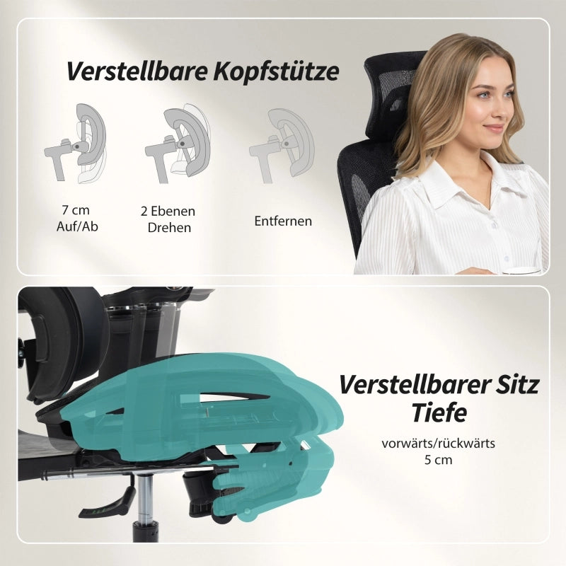 Sedia da ufficio ergonomica con supporto lombare e poggiatesta regolabili, braccioli 6D, poggiapiedi in rete nera