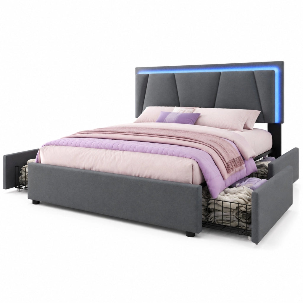 Letto matrimoniale 140x200 cm con testiera regolabile; LED e 4 cassetti; grigio