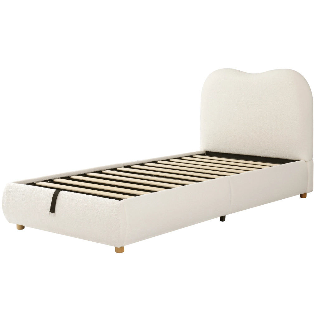 Letto per bambini imbottito con vano contenitore e rete a doghe; tessuto bouclé beige