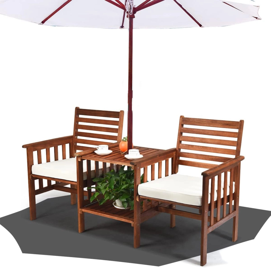 Panca da giardino in legno di acacia con foro per l'ombrellone, 165 x 65 x 88 cm, per giardino, balcone e terrazza (bianco)
