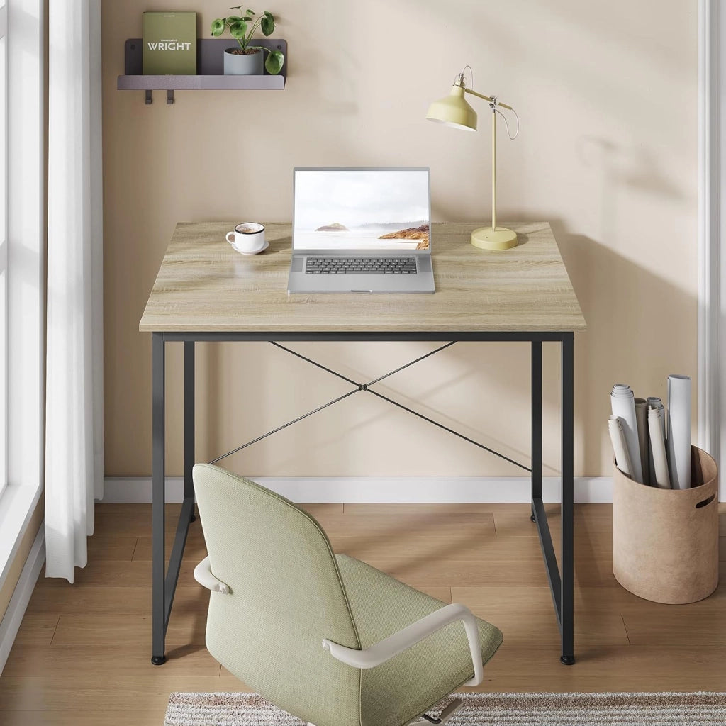 Scrivania Salvaspazio, Tavolo per Computer, Rovere Chiaro + Bianco per Studio, Home Office, Camera da Letto, in Legno e Metallo, 80x60x70 cm