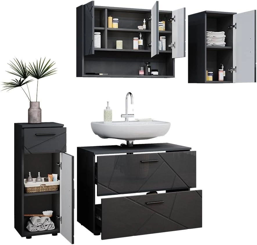 Set mobili bagno Irma, Antracite lucido, 80 cm, composto da mobile sottolavabo, specchiera, armadio medio e pensile