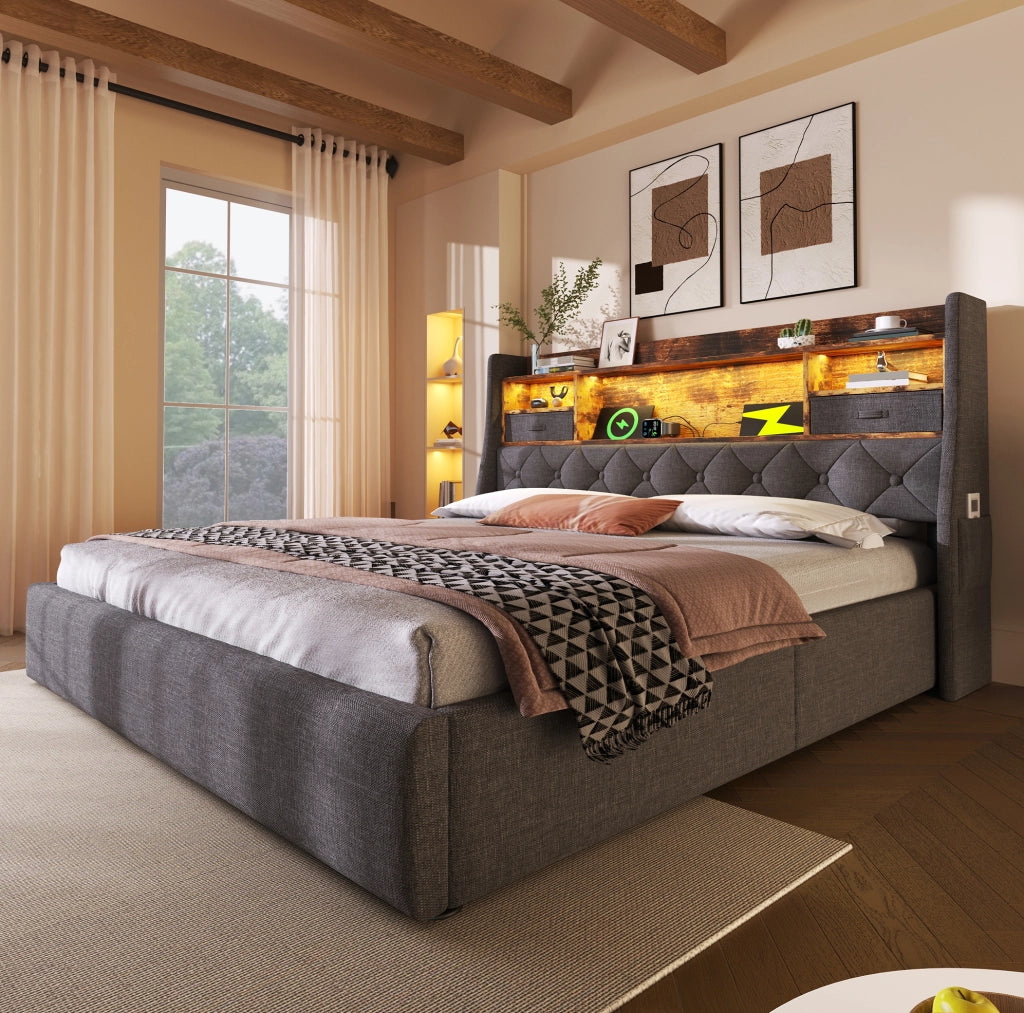 Letto imbottito 140x200 cm grigio con materasso, LED, ricarica USB/Type-C e contenitore