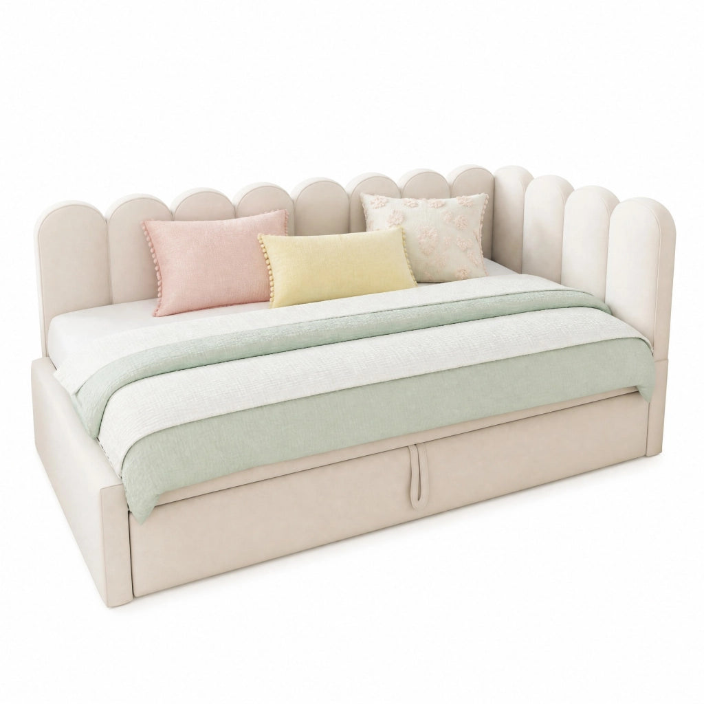 Divano letto L-shaped 90x200 cm in velluto con letto estraibile; beige