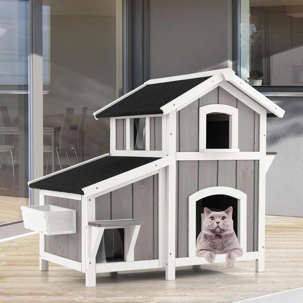 Casetta per Gatti con 2 Ingressi Frontali e 4 Bucchi con Tende in PVC, Villa per Gatti in Legno di Abete a 2 Piani con Tetto Impermeabile, Cuccia per Animali Piccoli, 100 x 64 x 82,5 cm