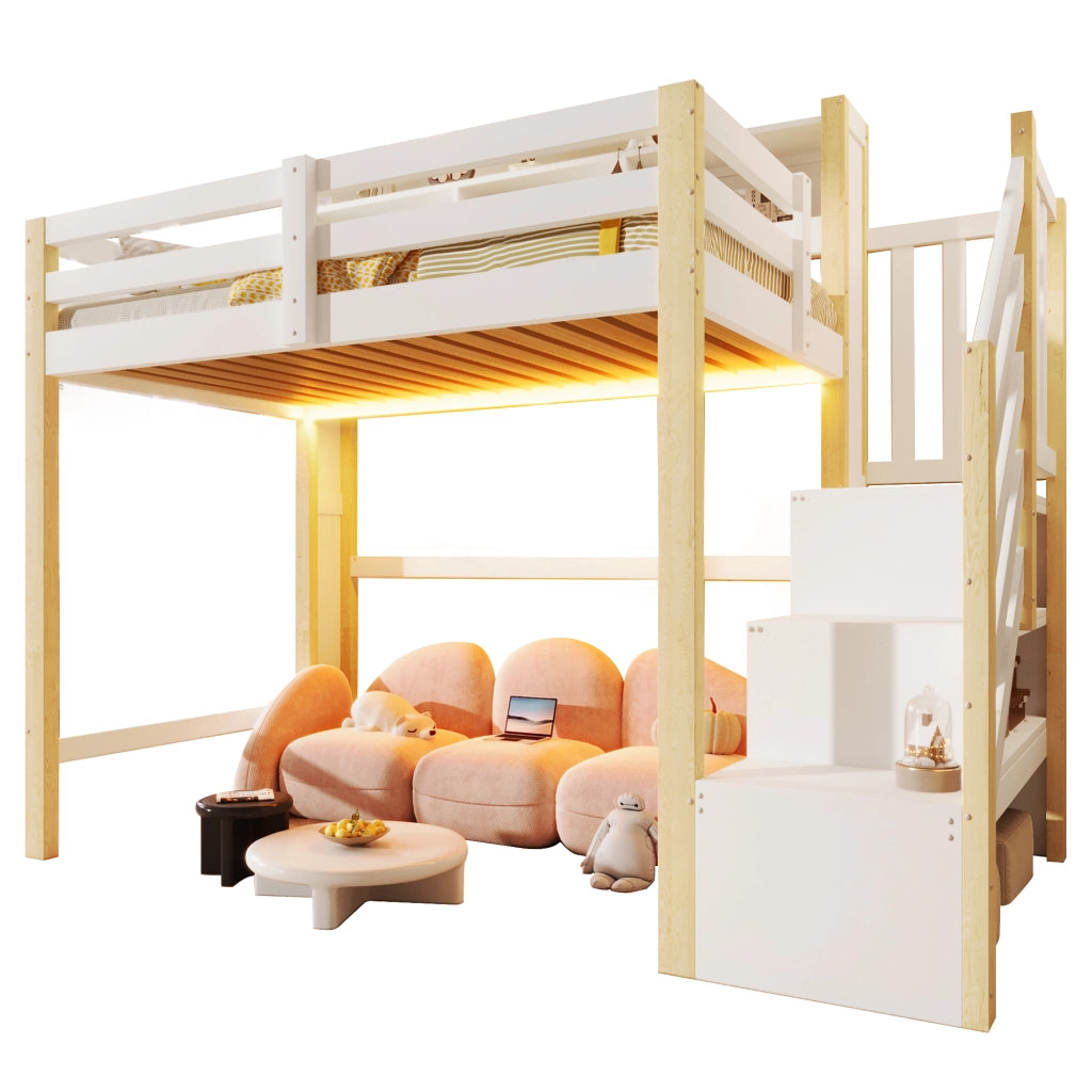 Letto a soppalco 90x200 cm con LED e scala contenitore; bianco e naturale
