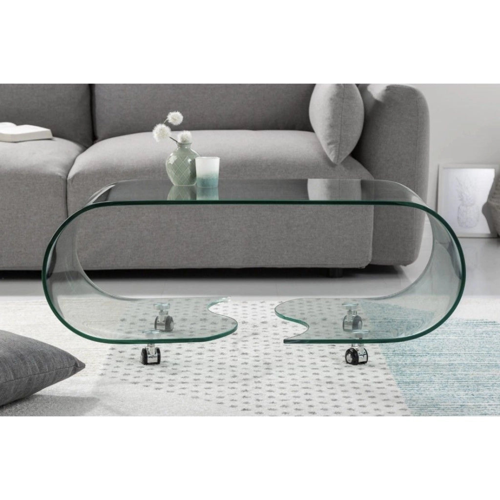 Tavolino basso HOLOW con ruote - Tavolino basso design asimmetrico in vetro temperato