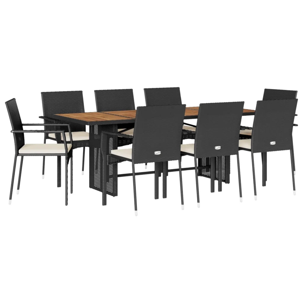 Set da Pranzo da Giardino 9 pz con Cuscini Nero in Polyrattan