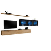 Set di mobili da soggiorno da parete SWITCH XVII design, colori rovere Wotan e nero lucido.