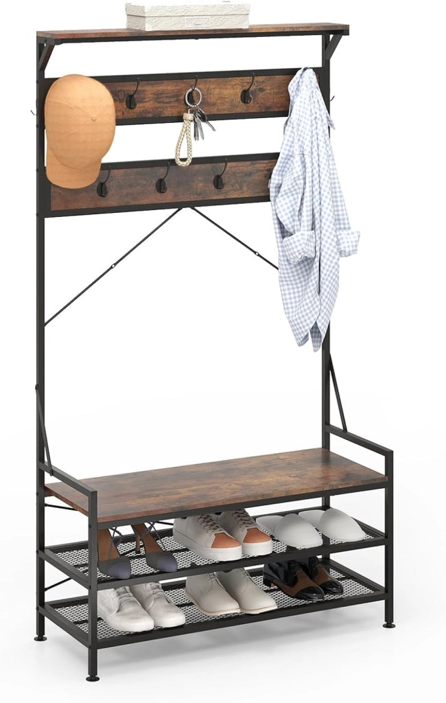4 in 1 Appendiabiti da Ingresso, Armadio con Panca per Scarpe Scarpiera a 2 Ripiani, Struttura in Metallo e Kit Antivibrazione, 102 x 40 x 184 cm (Marrone)