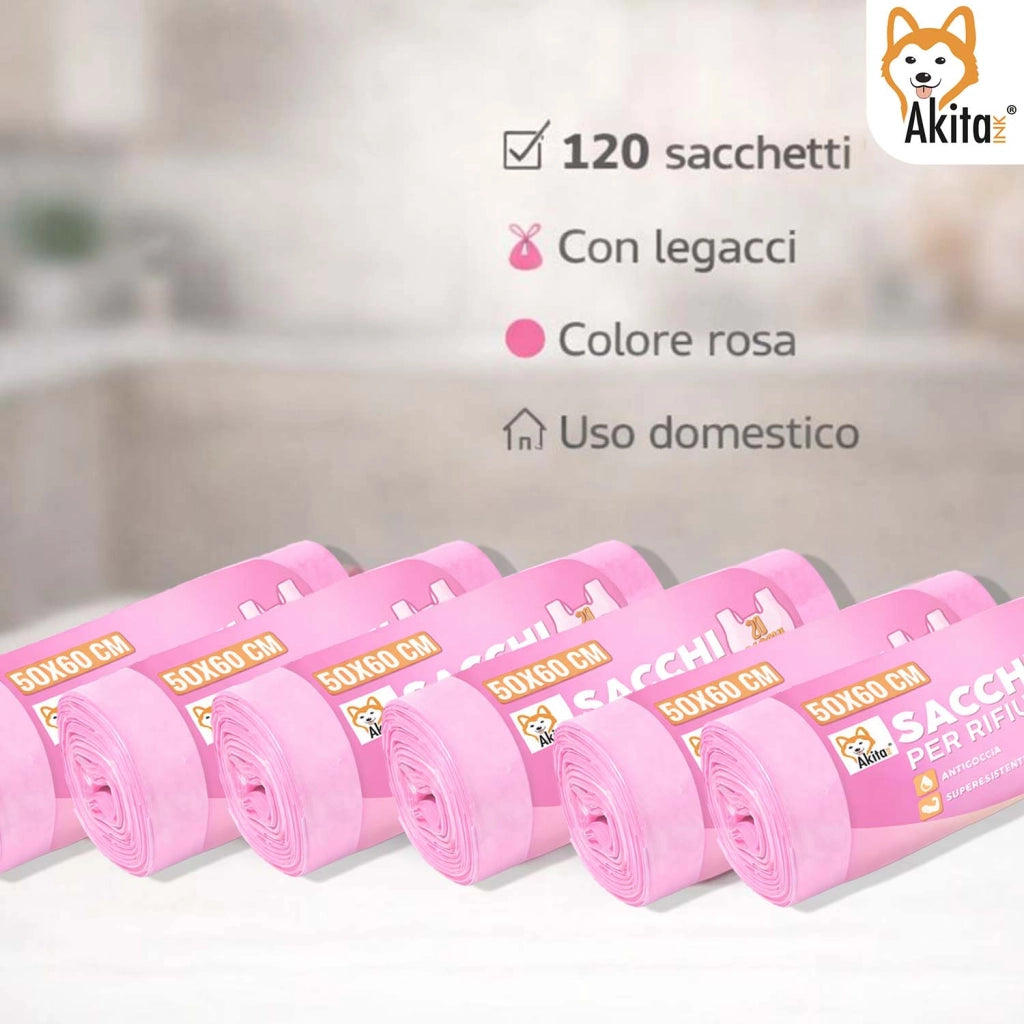 Akitaink 120 Sacchi Spazzatura 50x60 Rosa con Legacci