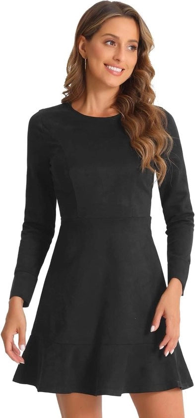 Vestito da Neve con Lunghe Maniche e Ruches, Imitazione Seta, Cintura con Fermo, Stile Casual - Taglia S