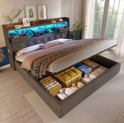 Letto matrimoniale 160x200 cm in lino grigio con contenitore idraulico; LED e porte USB