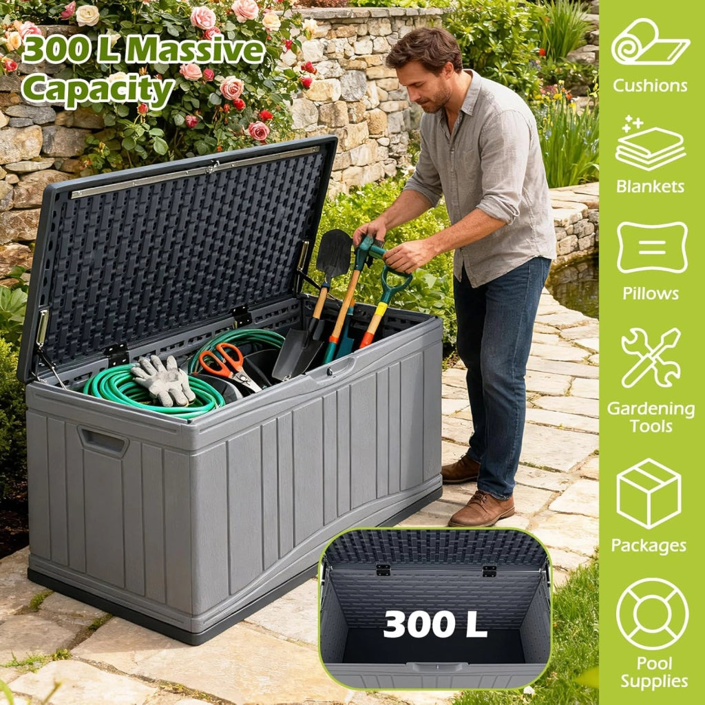 Scatola da giardino impermeabile con coperchio, 300 l, contenitore per cuscini in plastica, contenitore XXL per cuscini, attrezzi da giardino e giocattoli per bambini (grigio)