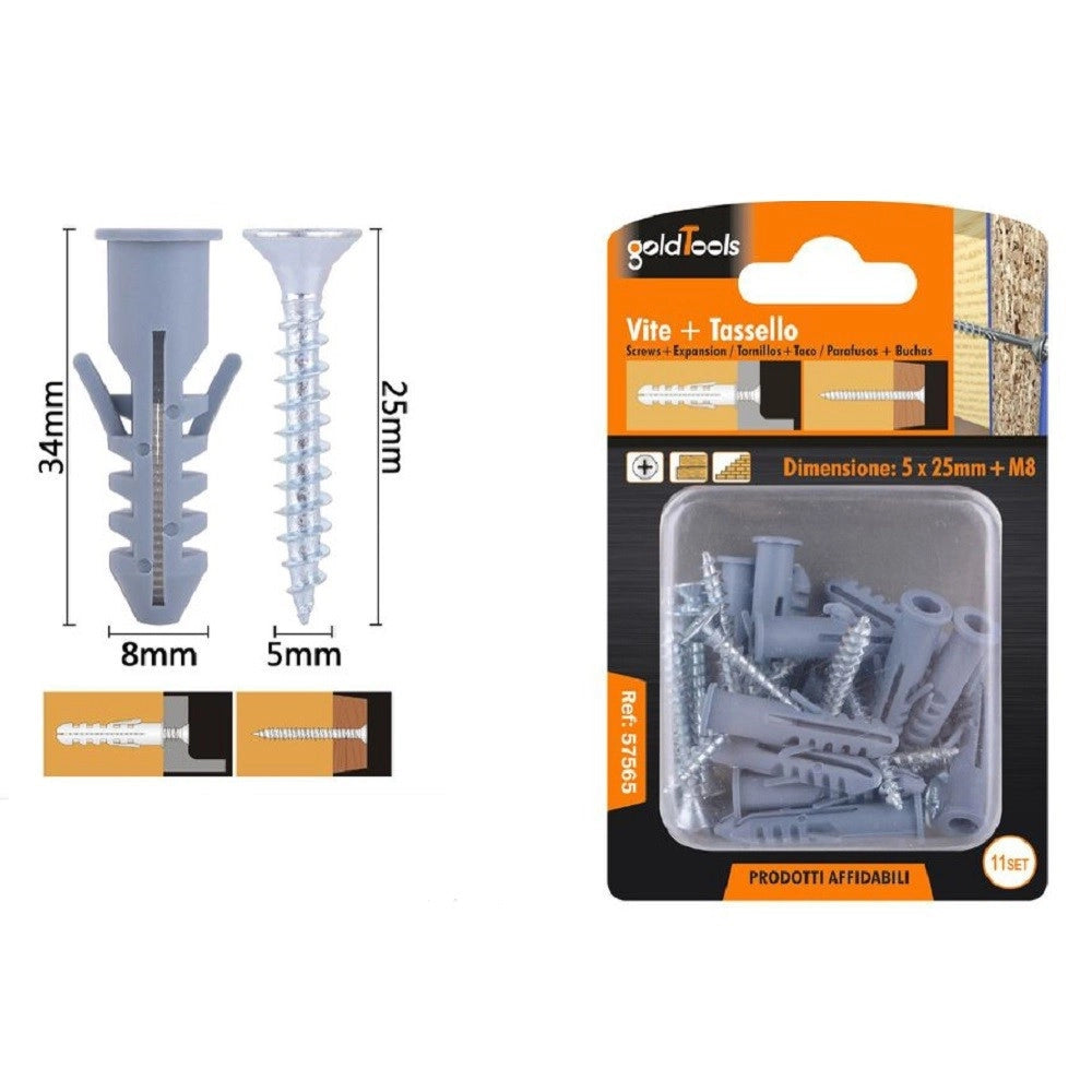 Trade Shop - Set 11pz Viti Vite Croce 5x25mm + Tasselli Con Alette Tassello M8 Fischer 57565 -