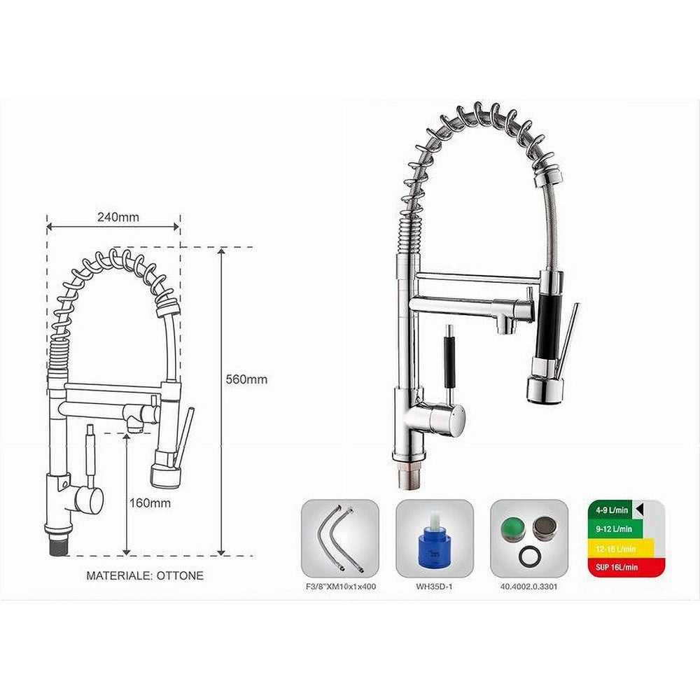 Trade Shop - Rubinetto Lavello Cucina A 2 Vie Orientabile Con Doccetta In Ottone Cromato 59286 -