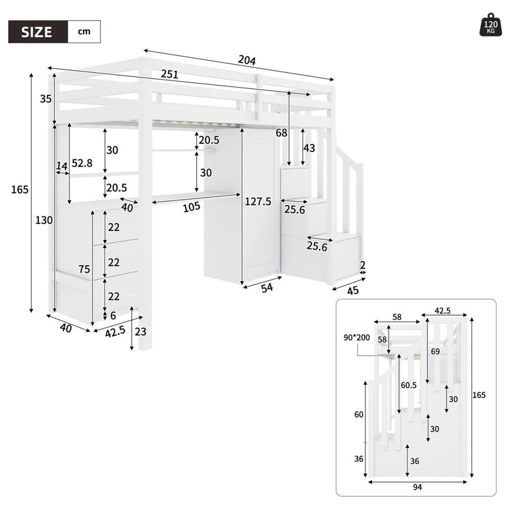 Letto a castello 90x200 cm con scrivania, armadio e cassetti bianco
