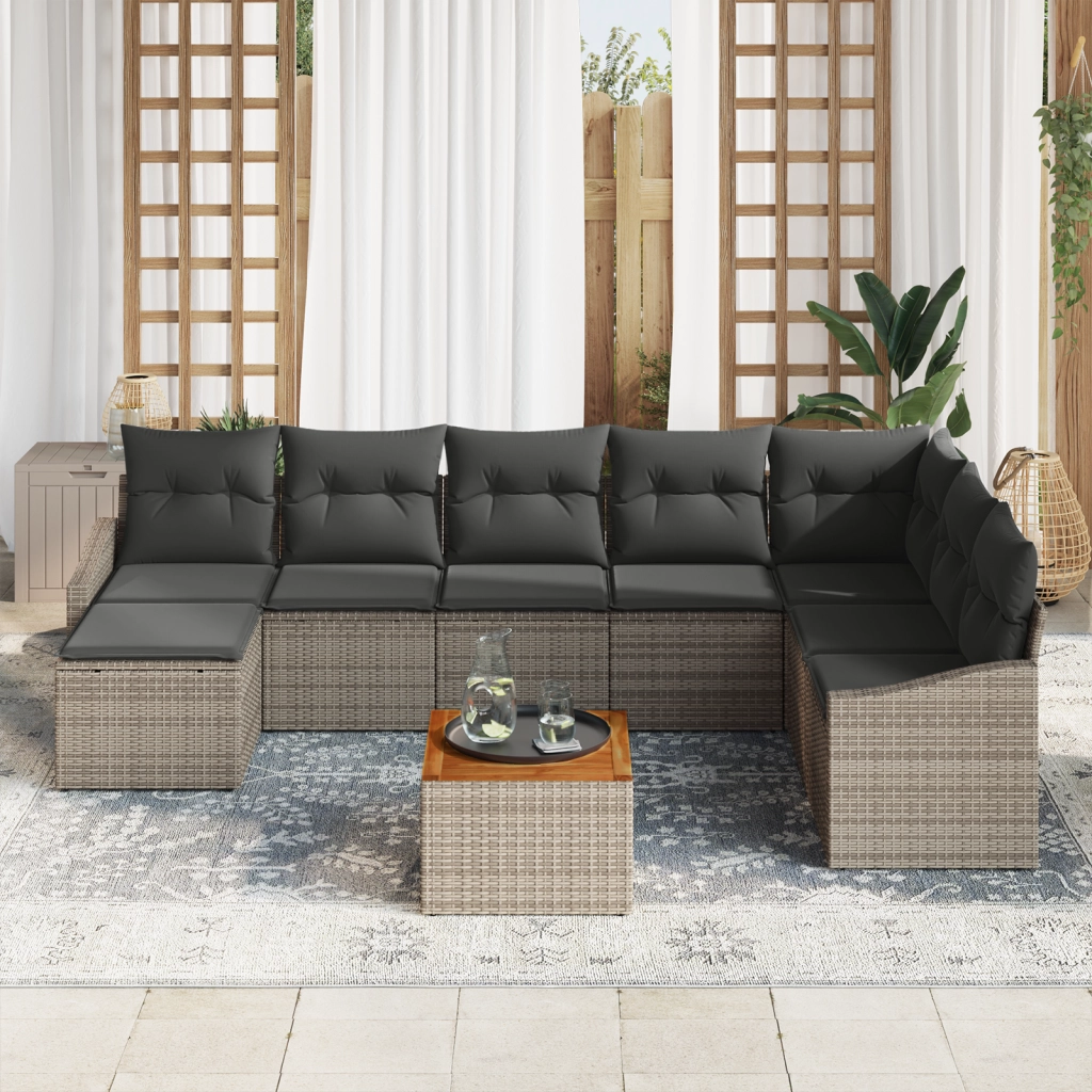 Set Divano Giardino 9 Pezzi con Cuscini Grigio Polyrattan Acacia