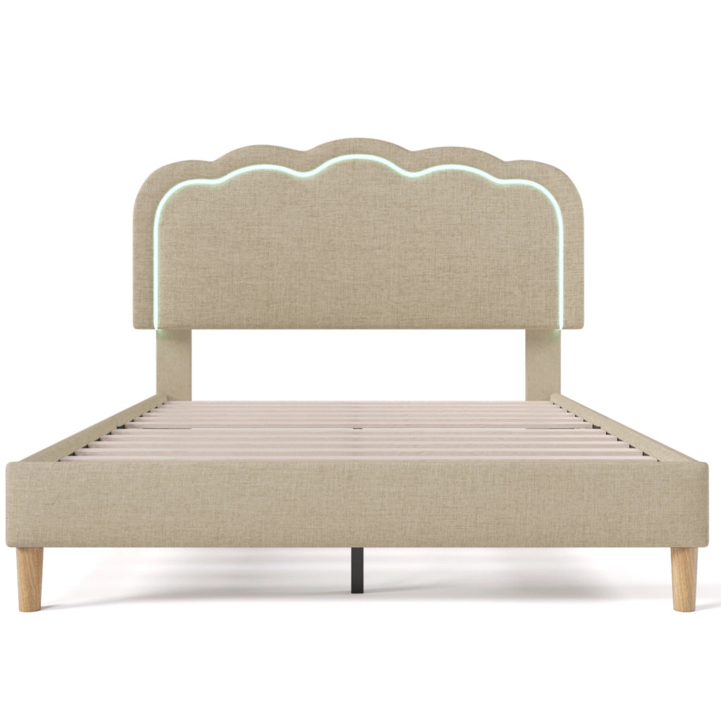 Letto imbottito LED 140x200 cm con testiera regolabile; lino beige