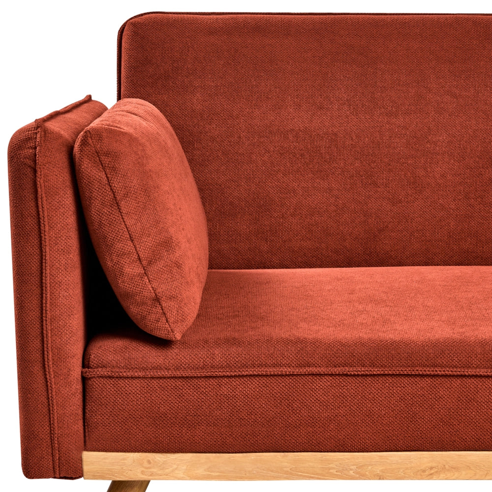 Divano letto tradizionale in tessuto rosso a 3 posti con struttura in legno di pino braccioli gambe in metallo