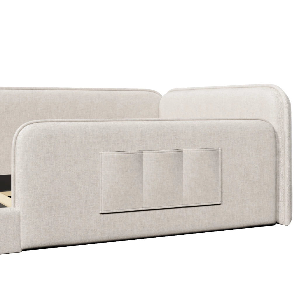 Letto a piattaforma 90x200 cm imbottito in lino beige con tasche laterali