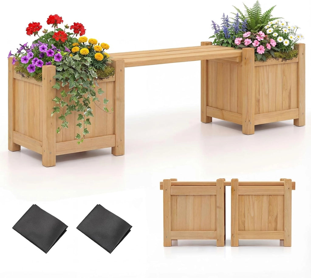 Fioriere da Esterno con Panchina, Letto Rialzato da Giardino in Legno Massello con e Base Aperta, Fioriere Elevate per Patio, Cortile e Veranda (Naturale, 105 x 26,5 x 29,5 cm)